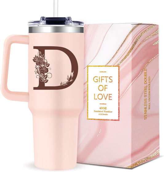 Monogrammed 40oz Tumbler with Handle for Women, Personalized Birthday Gifts for Women,Initial Cups for Woman Pink Letter D,Customized Gifts for Female Lady Gift for Mothers Day Christmas