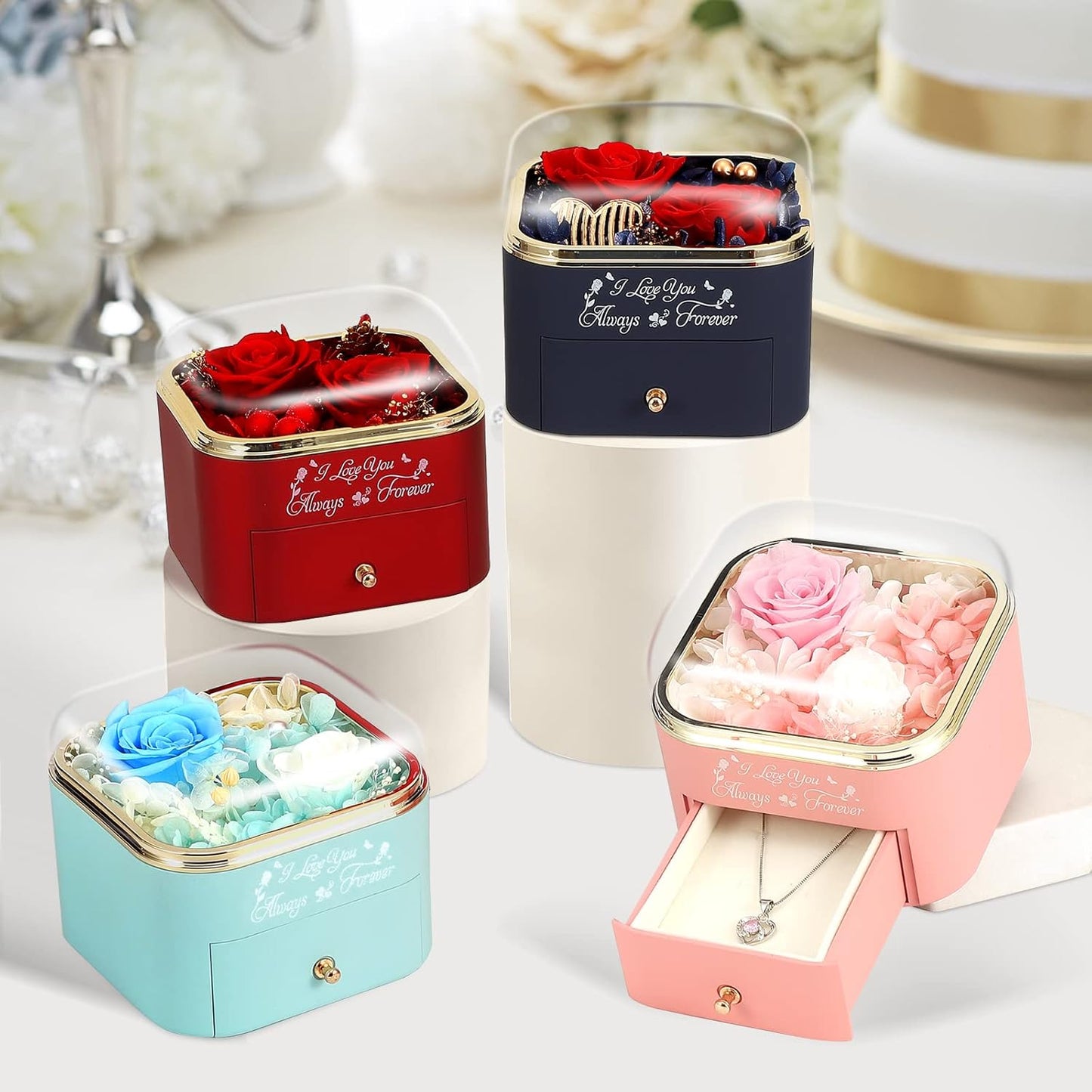 Preserved Roses Jewelry Box with Heart Necklace - Eternal Rose & ‘I Love You Always & Forever’ Engraving - Luxury Gift for Mom, Wife, or Grandma on Mother’s Day