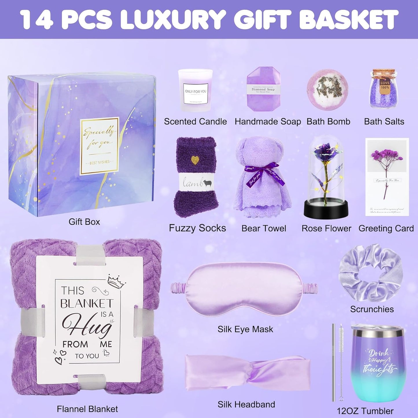 Gifts for Mom, Birthday Gifts for Women, Relaxing Spa Gifts Care Package with Luxury Flannel Blanket, Light-Up Rose Flower, Unique Mothers Day Gifts for Mom, Wife, Grandma, Sister, Friends