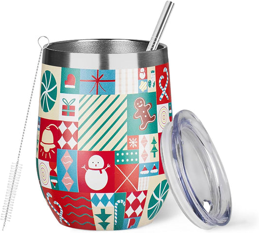 Christmas Wine Tumbler 12 oz Christmas Stainless Steel Wine Glass with Lid and Straw Stemless Double Wall Insulated Wine Cups Keeping Cold & Hot for Holiday Xmas Wedding Party Gifts (Christmas puzzle)
