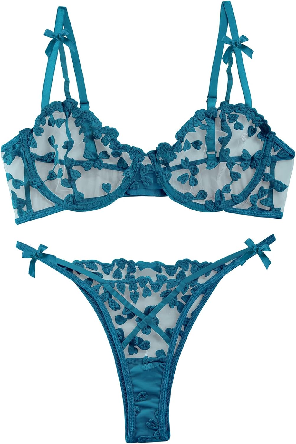 Lilosy Sexy Underwire Cute Push Up Strappy Embroidered Mesh Sheer Lingerie Set See Through Panty Bra