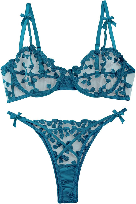 Lilosy Sexy Underwire Cute Push Up Strappy Embroidered Mesh Sheer Lingerie Set See Through Panty Bra