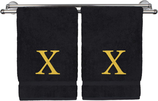 Monogrammed Hand Towel, Personalized Gift, Set of 2- Gold Block Letter Embroidered Towel - Extra Absorbent 100% Turkish Cotton - Soft Terry Finish - Initial X Black