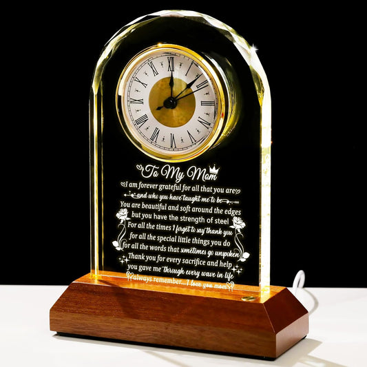 Glass Clock Gifts for Mom from Daughter Son with Wooden Light Base, Personalized Gift for Mom Who Has Everything on Birthday Mother's Day, Present for Mother on Christmas Home Desk Clock