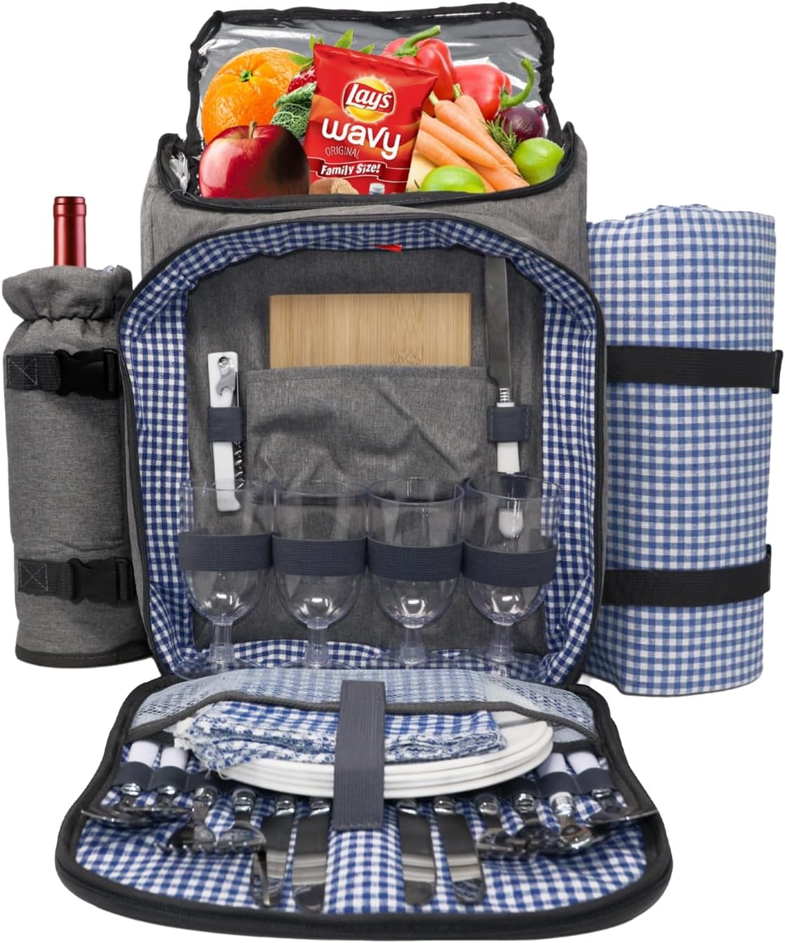 Nature Gear Large Picnic Backpack, Insulated Bag with Detachable Wine Cooler & Picnic Blanket, Includes Dinnerware Set for 4 & Picnic Accessories, Waterproof Outdoor Travel Backpack for Beach, Blue