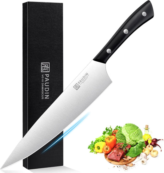 PAUDIN Chef Knife, 8 Inch Kitchen Knife, Ultra Sharp Knife - High Carbon Stainless Steel, Professional Chefs Knife, Ergonomic Handle with Three Rivets, Kitchen Gadgets with Premium Gift Box