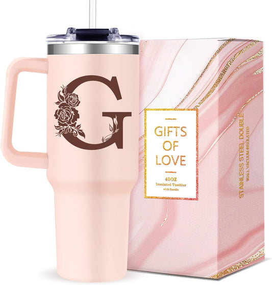 Monogrammed 40oz Tumbler with Handle for Women, Personalized Birthday Gifts for Women,Initial Cups for Woman Pink Letter G,Customized Gifts for Female Lady Gift for Mothers Day Christmas