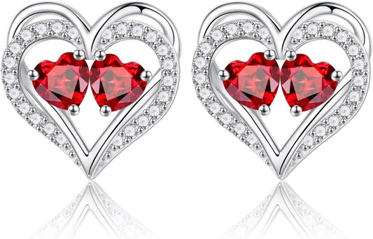 Iefil Birthstone Earrings for Women - 925 Sterling Silver Heart Earrings Anniversary Birthday Gifts for Women Wife Girlfriend Mom