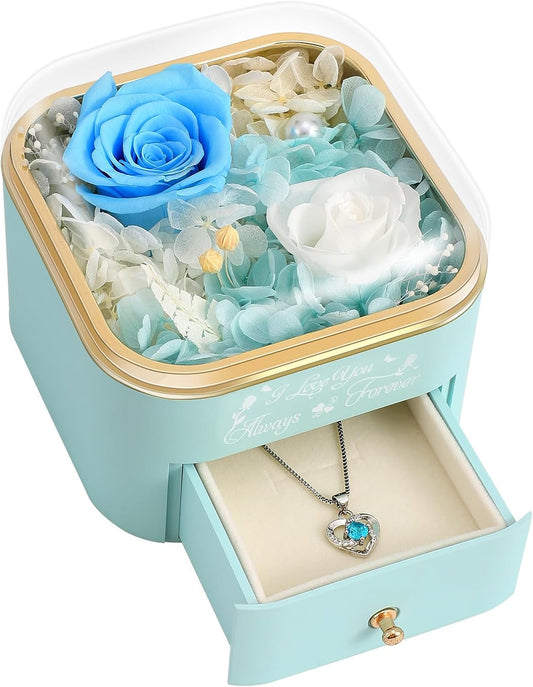 Preserved Roses Jewelry Box with Heart Necklace - Eternal Rose & ‘I Love You Always & Forever’ Engraving - Luxury Gift for Mom, Wife, or Grandma on Mother’s Day
