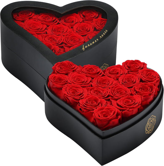 16 Forever Flowers in Heart Shaped Box - Preserved Roses Romantic Gifts for Her, Valentine’s Day, Anniversary, Wedding (Red)