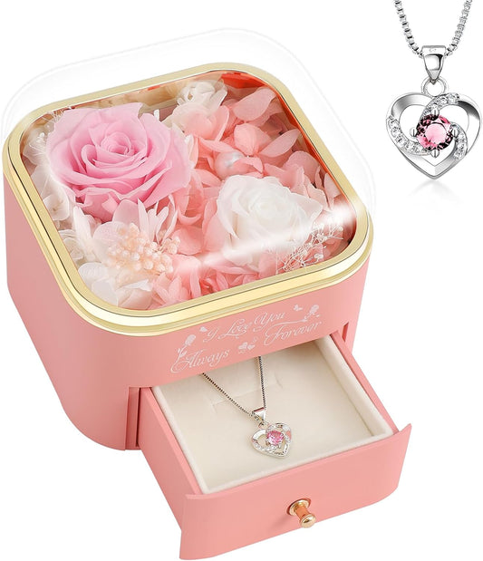 Preserved Roses Jewelry Box with Heart Necklace - Eternal Rose & ‘I Love You Always & Forever’ Engraving - Luxury Gift for Mom, Wife, or Grandma on Mother’s Day