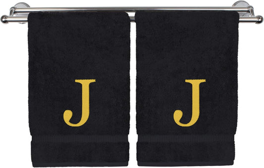 Monogrammed Hand Towel, Personalized Gift, Set of 2- Gold Block Letter Embroidered Towel - Extra Absorbent 100% Turkish Cotton - Soft Terry Finish - Initial J Black
