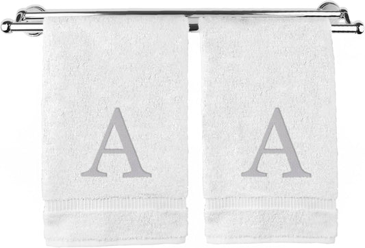 Monogrammed Hand Towel, Personalized Gift, Set of 2- Silver Block Letter Embroidered Towel - Extra Absorbent 100% Turkish Cotton - Soft Terry Finish - Initial A White