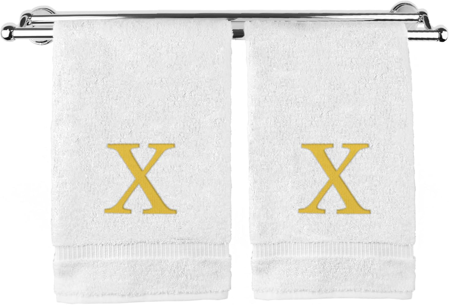 Monogrammed Hand Towel, Personalized Gift, Set of 2- Gold Block Letter Embroidered Towel - Extra Absorbent 100% Turkish Cotton - Soft Terry Finish - Initial X White