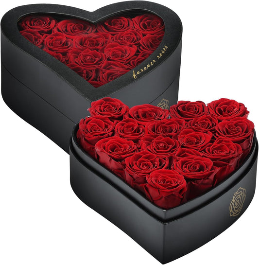 16 Forever Flowers in Heart Shaped Box - Preserved Roses Romantic Gifts for Her, Valentine’s Day, Anniversary, Wedding (Wine)