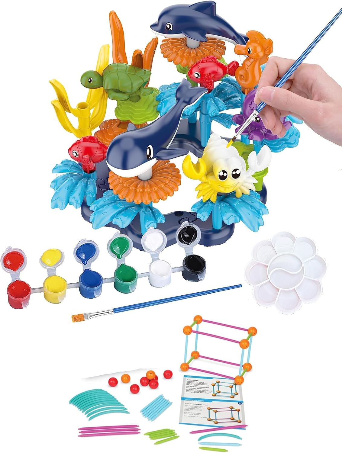 37 Pcs Water Washable Painting & Building Toy Set + 58 pcs Learning STEM Explorers Geomakers, Art and Craft Supplies Party Favors for Boys Girls Age 4 5 6 7 Years Old Kid Creativity