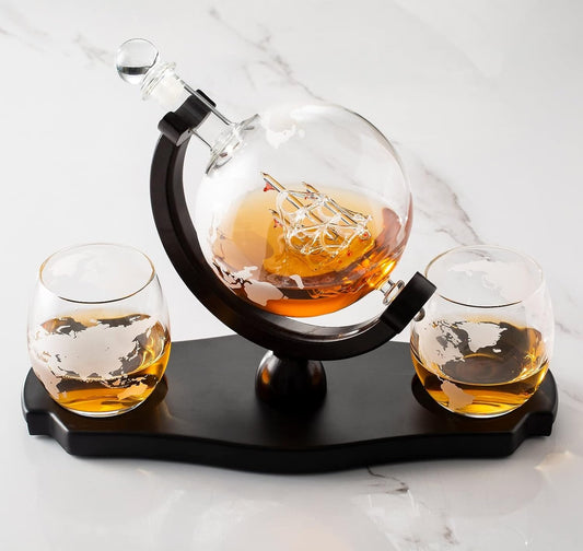 Whiskey Globe Decanter Set with 2 Etched Globe Glasses in Gift Box - Home Bar Accessories for Liquor, Whiskey, Brandy, Gin, Rum, Tequila, Vodka, and Brandy