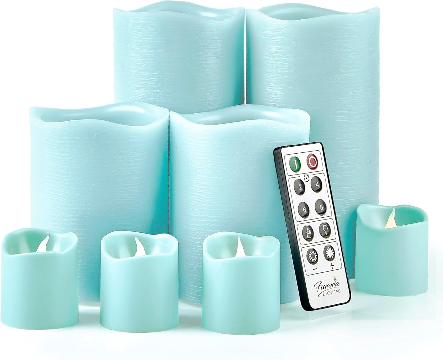 FURORA LIGHTING Blue Real Wax LED Candles with Remote and 6/18 Timer, 4 Pillars and 4 Votives Pack of 8, Flameless Flickering Candles for Home Décor, Battery Included