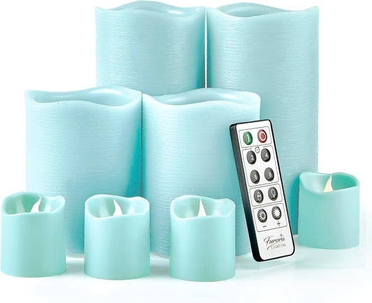 FURORA LIGHTING Blue Real Wax LED Candles with Remote and 6/18 Timer, 4 Pillars and 4 Votives Pack of 8, Flameless Flickering Candles for Home Décor, Battery Included