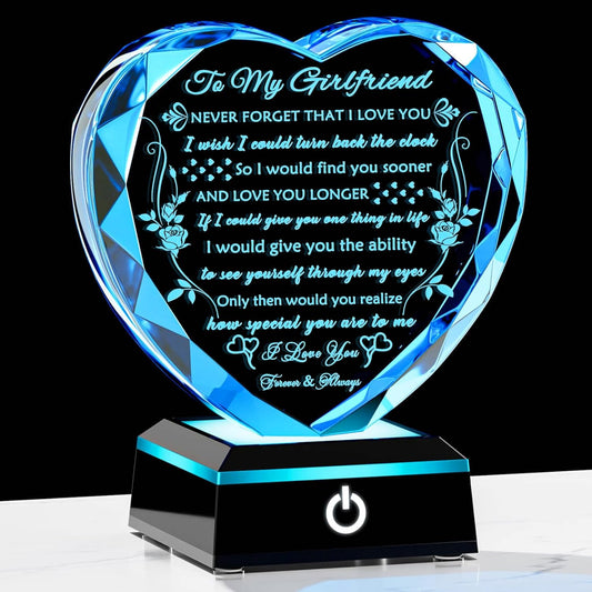 YWHL Gifts for Girlfriend with Colorful LED Base, Anniversary Birthday Gifts for Girlfriend from Boyfriend, Romantic Crystal Heart Keepsake Present for Her on Valentine Christmas