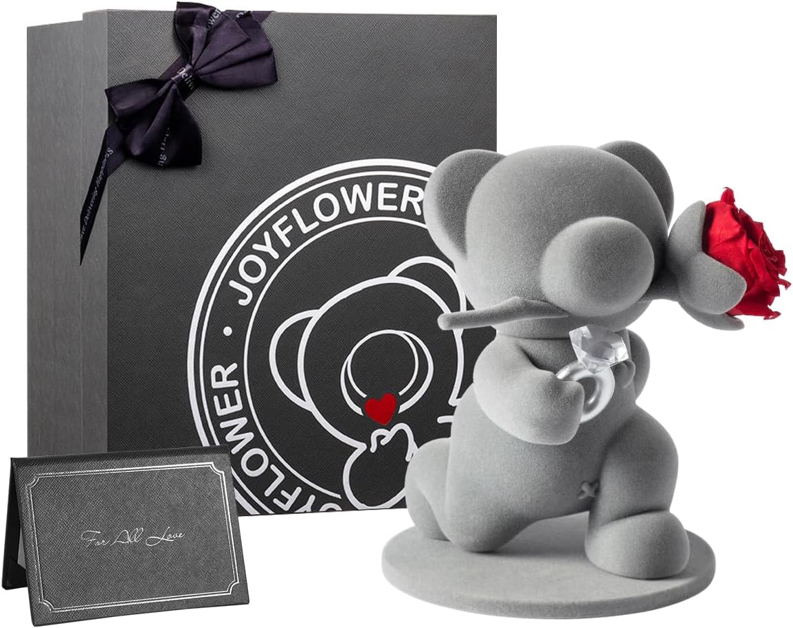 JoyFlower Cute Teddy Bear with Preserved Flowers, Eternal Real Red Rose with Promise Ring Gifts with Elegant Gift Box for Girlfriend Wife Her in Christmas, Valentine's, Birthday, Weddings, Anniversary