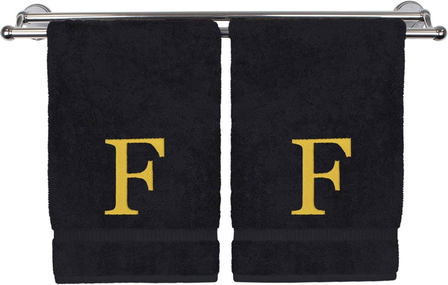 Monogrammed Hand Towel, Personalized Gift, Set of 2- Gold Block Letter Embroidered Towel - Extra Absorbent 100% Turkish Cotton - Soft Terry Finish - Initial F Black