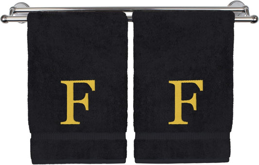 Monogrammed Hand Towel, Personalized Gift, Set of 2- Gold Block Letter Embroidered Towel - Extra Absorbent 100% Turkish Cotton - Soft Terry Finish - Initial F Black