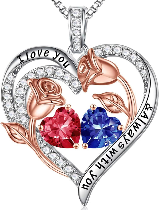 Iefil Birthstone Necklace for Women - 925 Sterling Silver Rose Heart Birthstone Necklace Birthday Anniversary Jewelry Gifts for Her Wife Mom Daughter