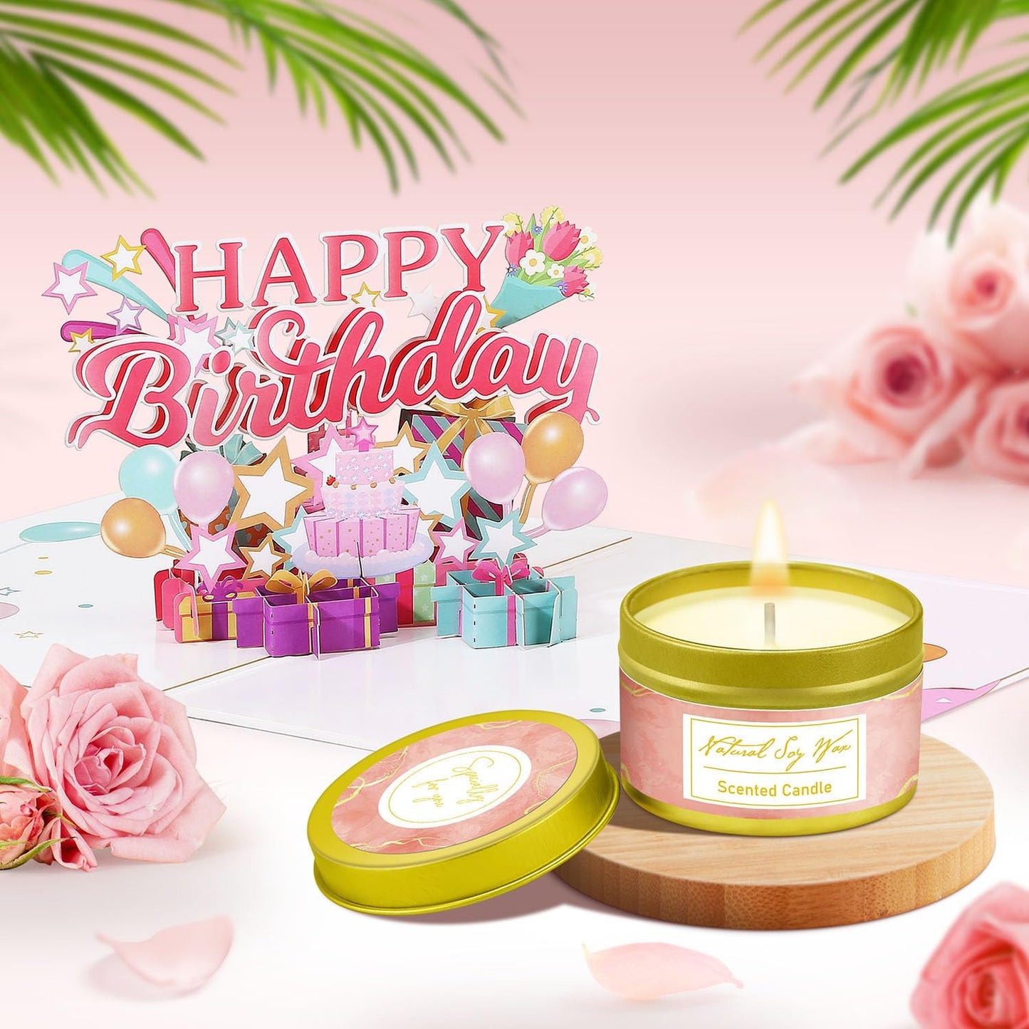 Birthday Gifts for Women Friendship, Happy Birthday Gifts Basket for Mom Friend Sister Wife Her Birthday Gift Unique, Luxury Self Care Gift Rose Relaxing Spa Gifts Set with 3D Birthday Card for Women