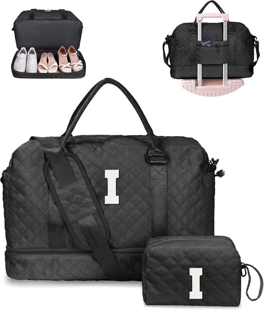 Gifts for Friends-Initial Duffle Bag with Shoe Compartment, Personalized Weekender Bag, Monogram Overnight Bag, Travel Bag with Makeup Bag，Birthday Gifts Bag for Daughter Sister (Letter I)
