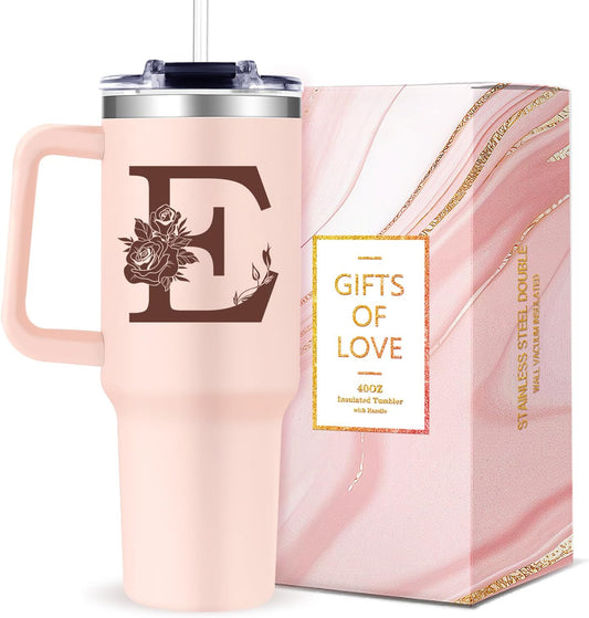 Monogrammed 40oz Tumbler with Handle for Women, Personalized Birthday Gifts for Women,Initial Cups for Woman Pink Letter E,Customized Gifts for Female Lady Gift for Mothers Day Christmas