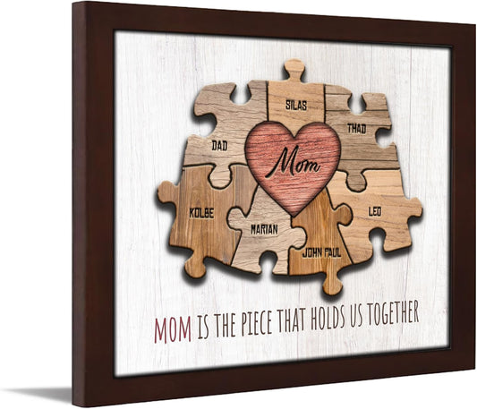 Personal-Prints MOM & Children Personalized HEART Puzzle Wall Art | Unique Customized with up to 8 Names | Mother’s Day, Birthday or Christmas Gift (13"x16" Framed Paper Print, 7 Children)