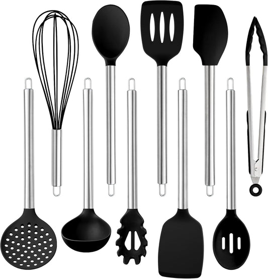 COOK WITH COLOR Silicone Cooking Utensils, Kitchen Utensil Set, Easy to Clean Silicone Kitchen Utensils, Cooking Utensils for Nonstick Cookware, Kitchen Gadgets Set, 10 Pieces, Black