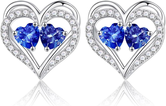 Iefil Birthstone Earrings for Women - 925 Sterling Silver Heart Earrings Anniversary Birthday Gifts for Women Wife Girlfriend Mom
