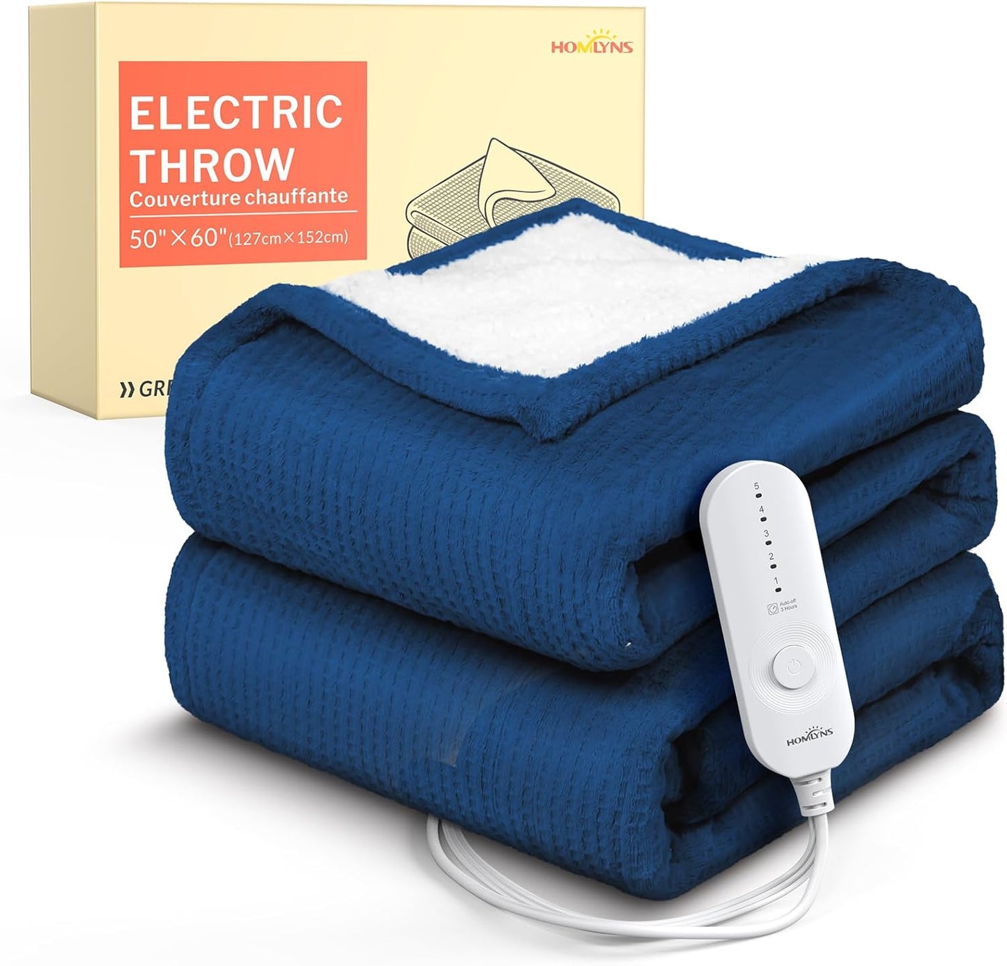 HOMLYNS LuxeHeat Heated Blanket Throw, Soft Flannel Sherpa, Electric Blanket 5 Heat Settings, Fast Heating, Heating Throw Blanket 3 Hours Timer Auto Shut Off, Machine Washable, 50×60 Inches, Navy