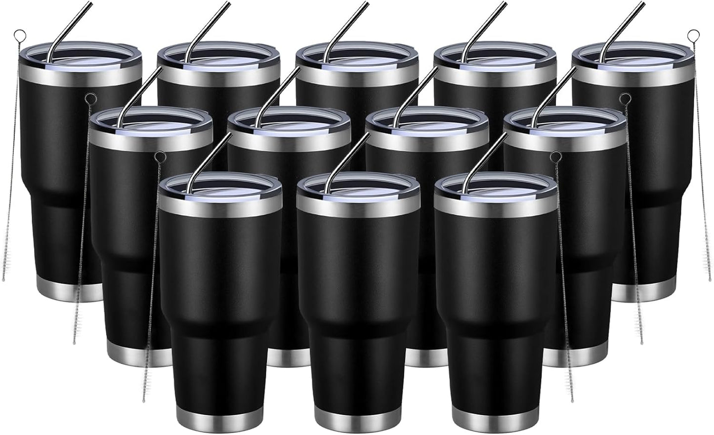 MEWAY 30oz Insulated Tumbler With Lids and Straws,Stainless Steel Double Vacuum Coffee Tumbler Cup, Brush, Durable Powder Coated Coffee Cup for Cold & Hot Drinks, Office, Travel(Black,12 PACK)
