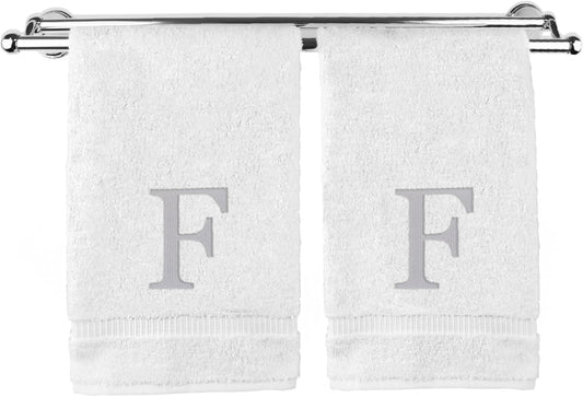 Monogrammed Hand Towel, Personalized Gift, Set of 2- Silver Block Letter Embroidered Towel - Extra Absorbent 100% Turkish Cotton - Soft Terry Finish - Initial F White