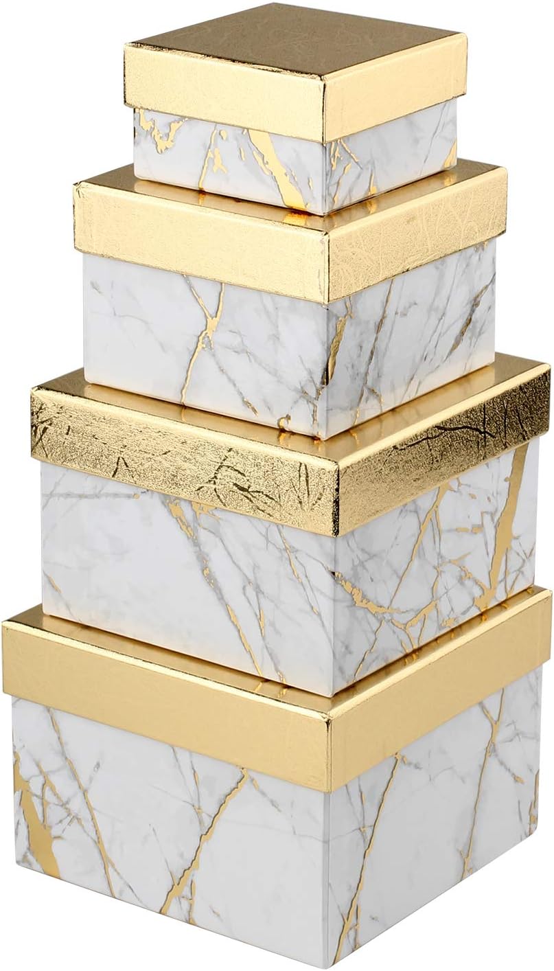 Square Gift Boxes with Lids Set of 4 White Gift Box Assorted Sizes Nesting Gift Boxes for Presents Birthday Bridesmaid Wedding Valentines Christmas Party Favor Boxes