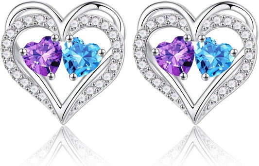 Iefil Birthstone Earrings for Women - 925 Sterling Silver Heart Earrings Anniversary Birthday Gifts for Women Wife Girlfriend Mom