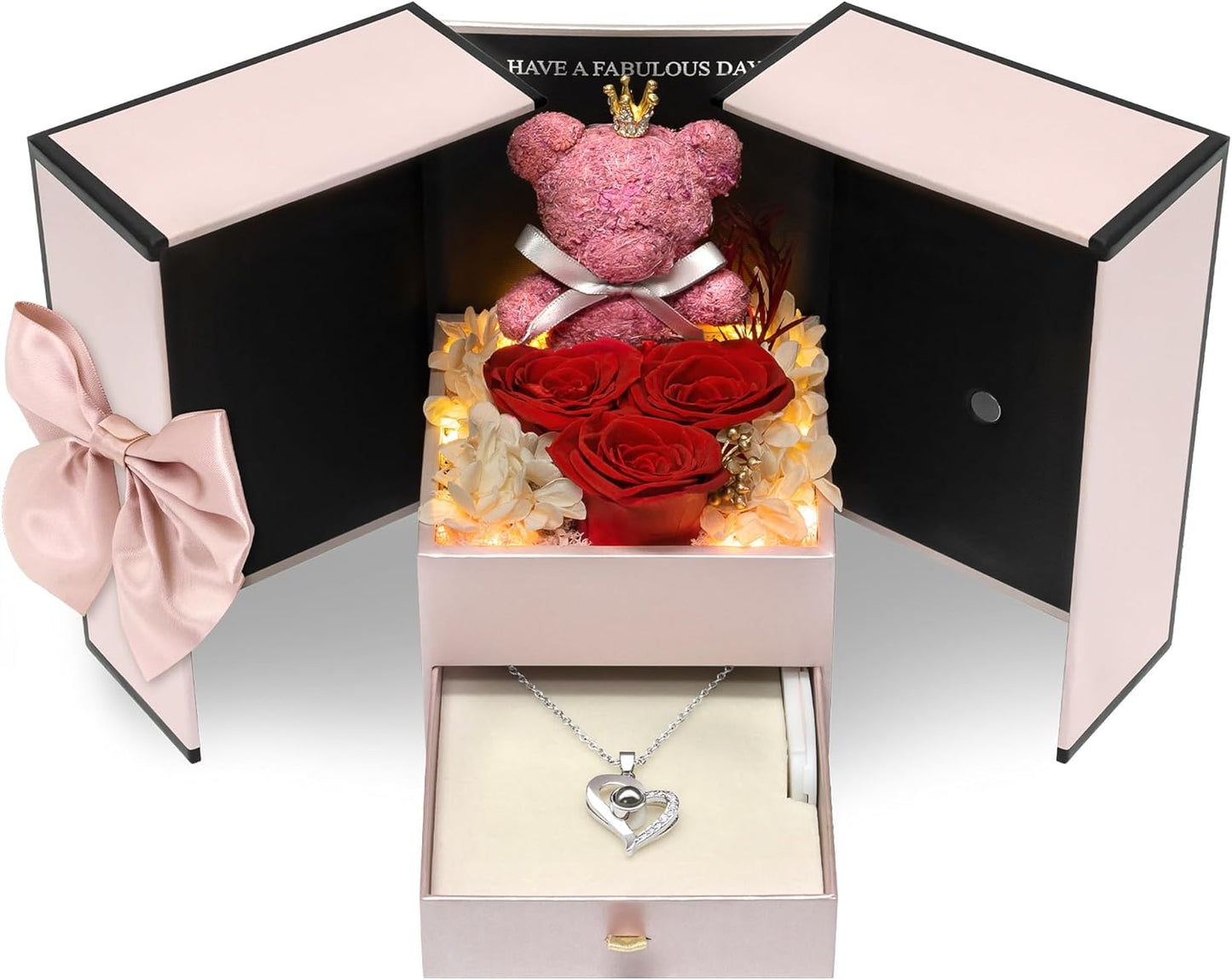 Childom Preserved Birthday Gifts for Women,Christmas Rose Gifts For Her Women Mom,3 Pcs Red Preserved Flowers for Her,Light Up Real Rose Flower with Necklace Bear for Christmas,Anniversary,Valentines