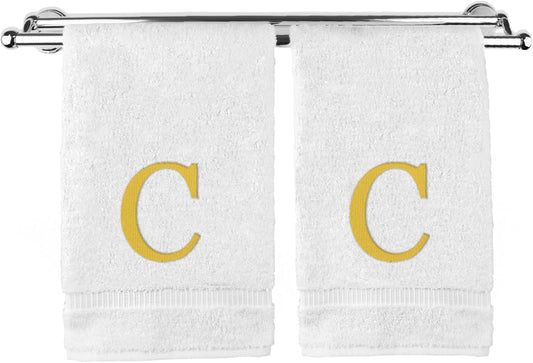 Monogrammed Hand Towel, Personalized Gift, Set of 2- Gold Block Letter Embroidered Towel - Extra Absorbent 100% Turkish Cotton - Soft Terry Finish - Initial C White