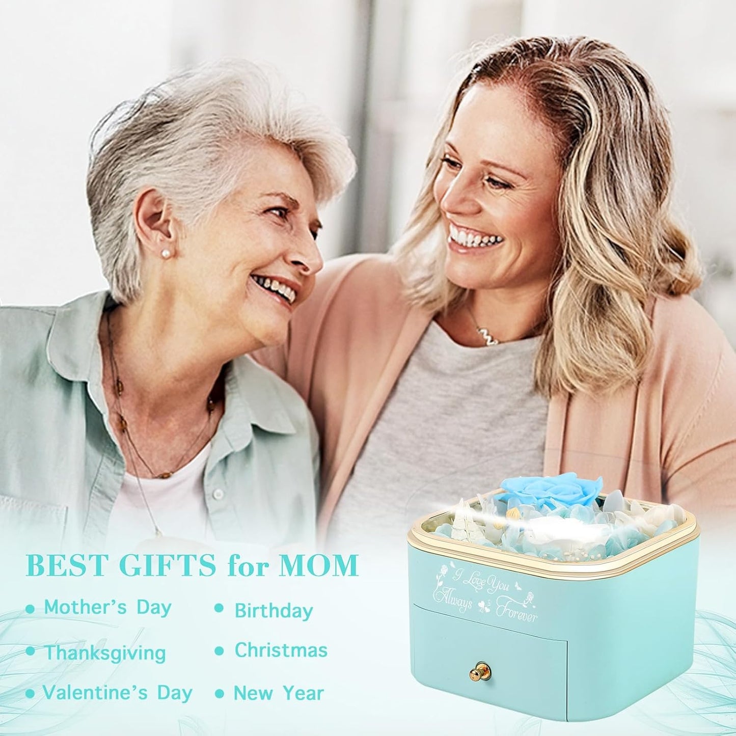 Preserved Roses Jewelry Box with Heart Necklace - Eternal Rose & ‘I Love You Always & Forever’ Engraving - Luxury Gift for Mom, Wife, or Grandma on Mother’s Day