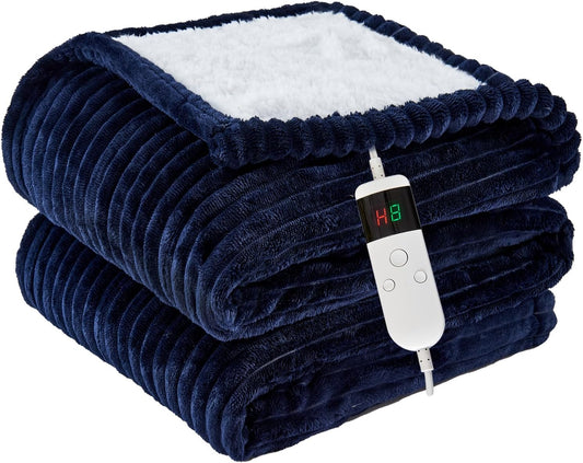 Heated Blanket Electric Throw, Soft Flannel Heating Blanket with 8 Hours Auto Off 10 Fast Heating Levels Machine Washable Sherpa Heated Blanket with Overheating Protection