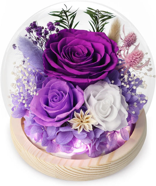 FIACO Preserved Flowers in Glass Dome Forever Fresh Flowers for Delivery Prime Purple Eternal Rose That Last 1-3 Years,Birthday Flowers Gifts for Women Mom Grandma Wife Friends