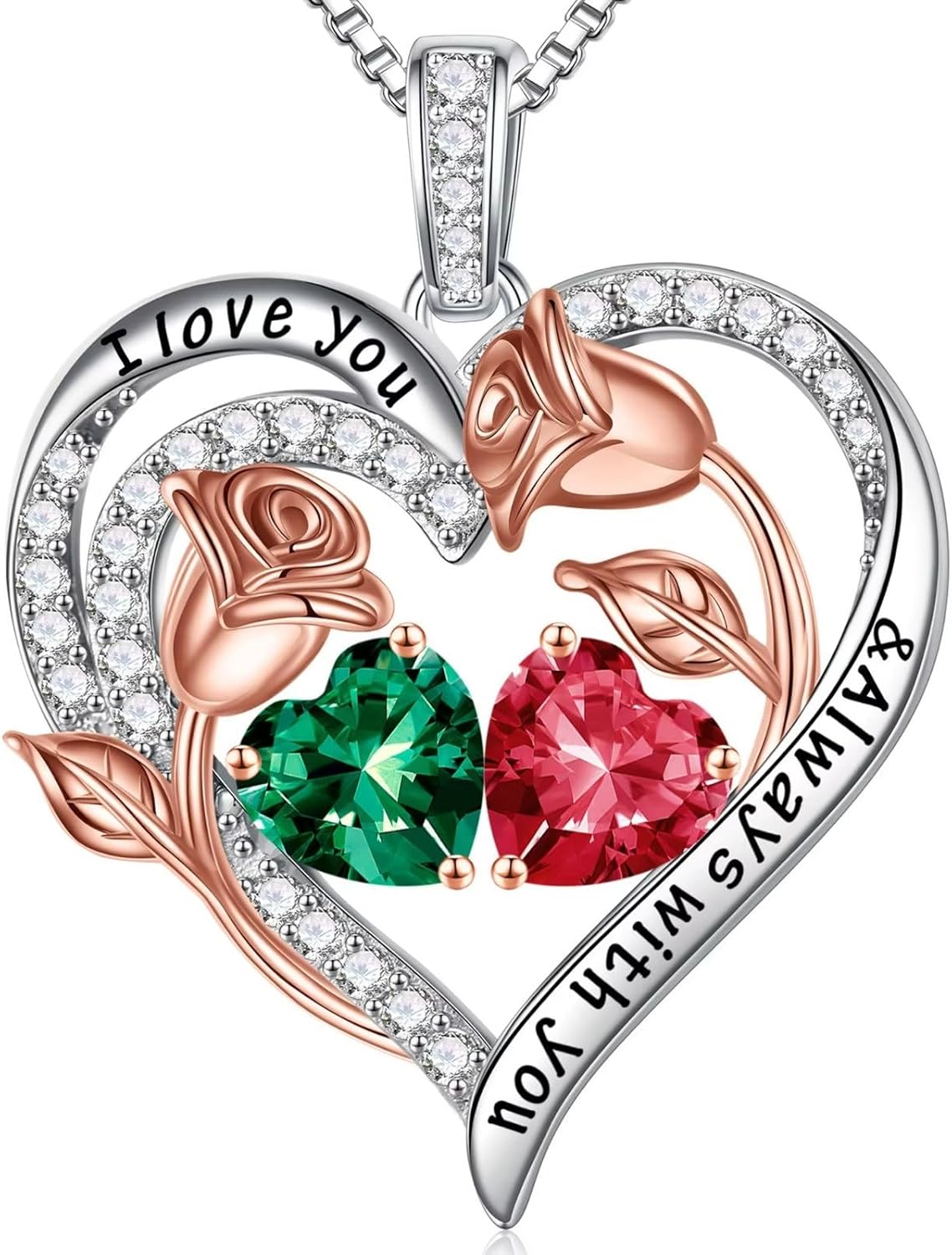 Iefil Birthstone Necklace for Women - 925 Sterling Silver Rose Heart Birthstone Necklace Birthday Anniversary Jewelry Gifts for Her Wife Mom Daughter