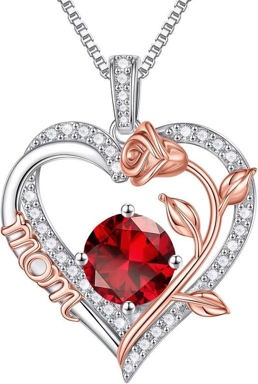 Iefil Gifts for Mom - 925 Sterling Silver Rose Round Birthstone Necklace Christmas Birthday Gifts Jewelry for Her Heart Pendant Necklace for Women Bonus Mom Mother in Law