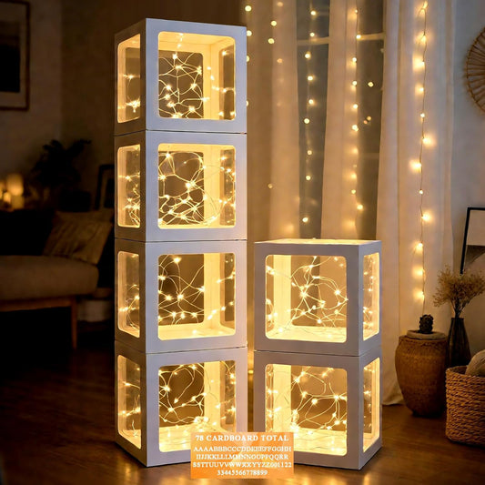 Ledido Transparent Balloon Boxes, Clear Balloon Boxes with 6 Pcs String Lights and 78 Letters for Baby Shower Gender Reveal Grad Birthday Party Anniversary Bridal Wedding Decor - 6 White Boxes