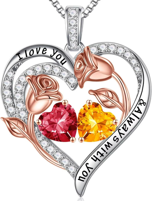 Iefil Birthstone Necklace for Women - 925 Sterling Silver Rose Heart Birthstone Necklace Birthday Anniversary Jewelry Gifts for Her Wife Mom Daughter