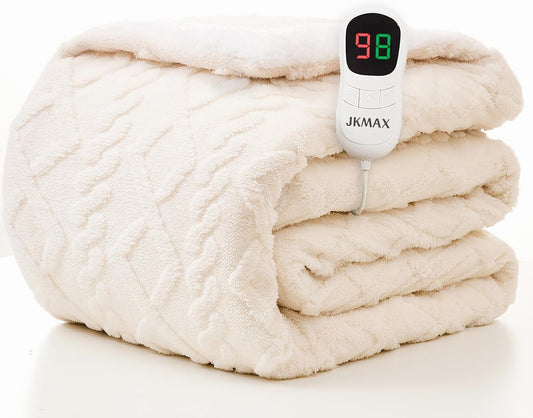 JKMAX Heated Electric Blanket Twin Size-62"x84" Heating Blanket with 10 Heating Levels & 5 Time Settings Over-Heat Protection，Winter Warmer for Adults with ETL Certification（Cream）
