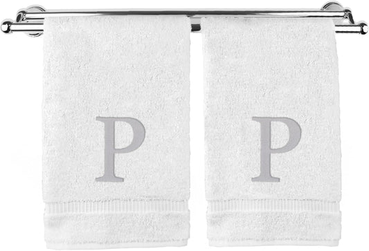 Monogrammed Hand Towel, Personalized Gift, Set of 2- Silver Block Letter Embroidered Towel - Extra Absorbent 100% Turkish Cotton - Soft Terry Finish - Initial P White